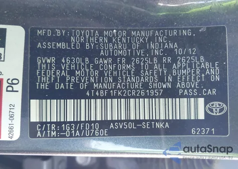 2012 Toyota Camry Le from USA, damaged, VIN 4T4BF1FK2CR261957